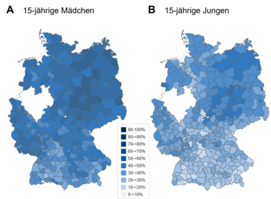 HPV-Impfquoten (vollständige Impfserie) auf Kreisebene bei 15-jährigen Mädchen und Jungen im Jahr 2024. HPV-Impfquoten auf Kreisebene bei 15-Jährigen im Jahr 2024.