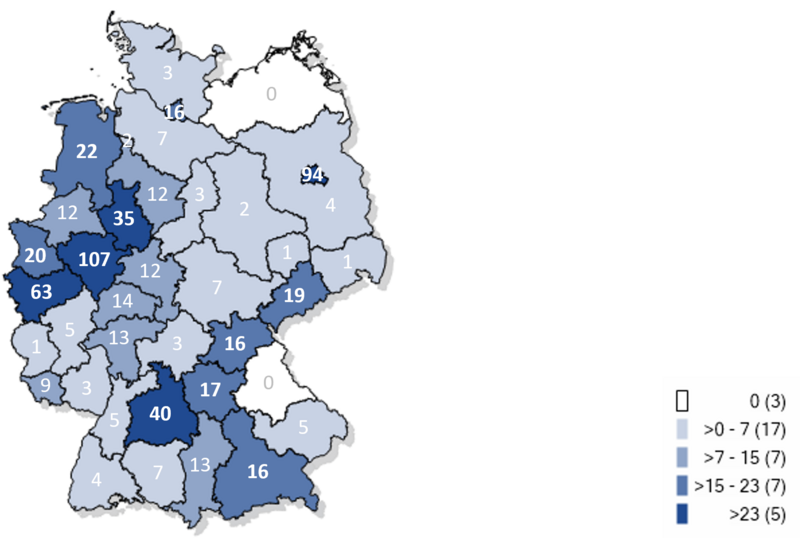 Kartographische Darstellung bisher gemeldeter Fälle an Masernerkrankungen in Deutschland 2024