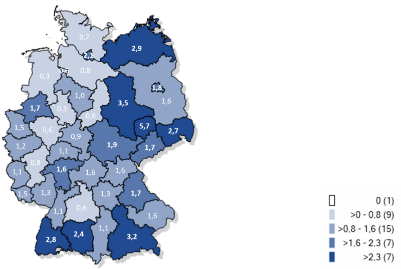 Kartographische Darstellung gemeldeter laborbestätgter Influenzafälle in Deutschland 2024/25 (Inzidenz pro 100.000 Einwohner)