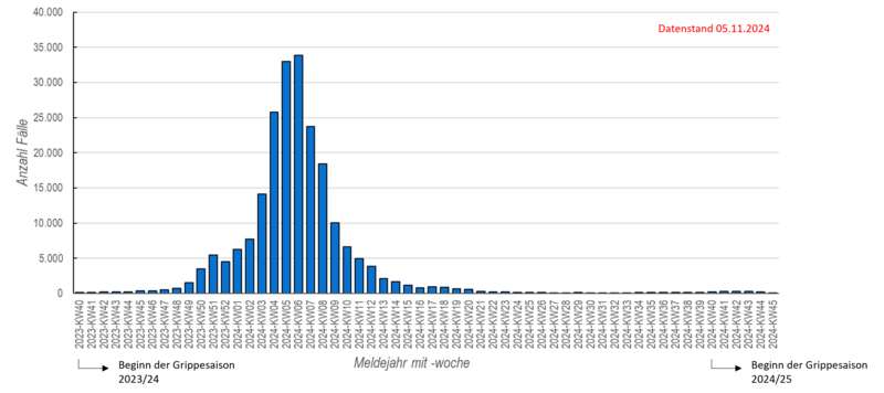 Säulendiagramm wöchentliche Influenzameldungen seit in der Saison 2023/24