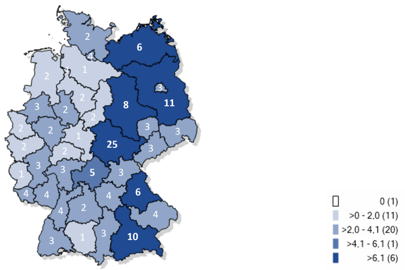 Kartographische Darstellung bereits gemeldeter Fälle an Keuchhustenerkrankungen pro 100.000 Einwohnern in Deutschland 2023