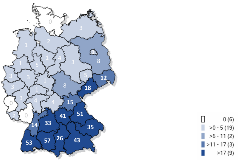 Kartographische Darstellung gemeldeter FSME-Fälle in Deutschland 2023