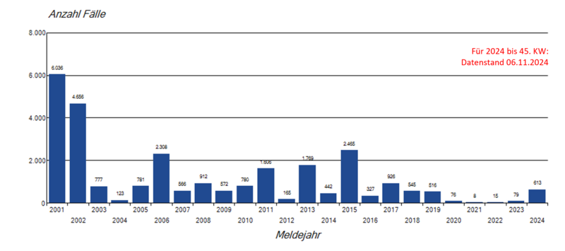 Säulendiagramm jährliche Masernmeldungen seit 2001 