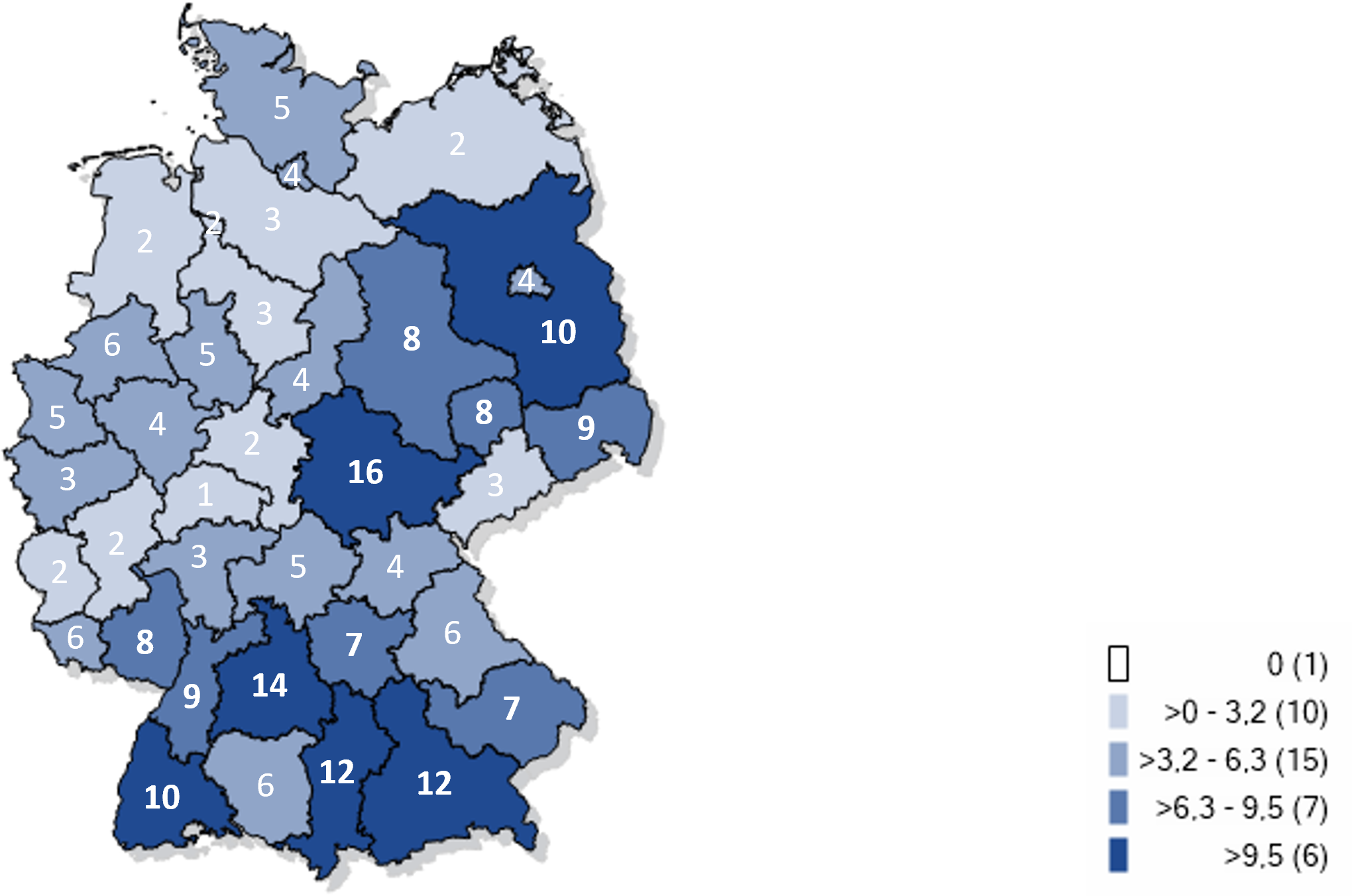 Kartographische Darstellung bereits gemeldeter Fälle an Keuchhustenerkrankungen pro 100.000 Einwohnern in Deutschland 2024