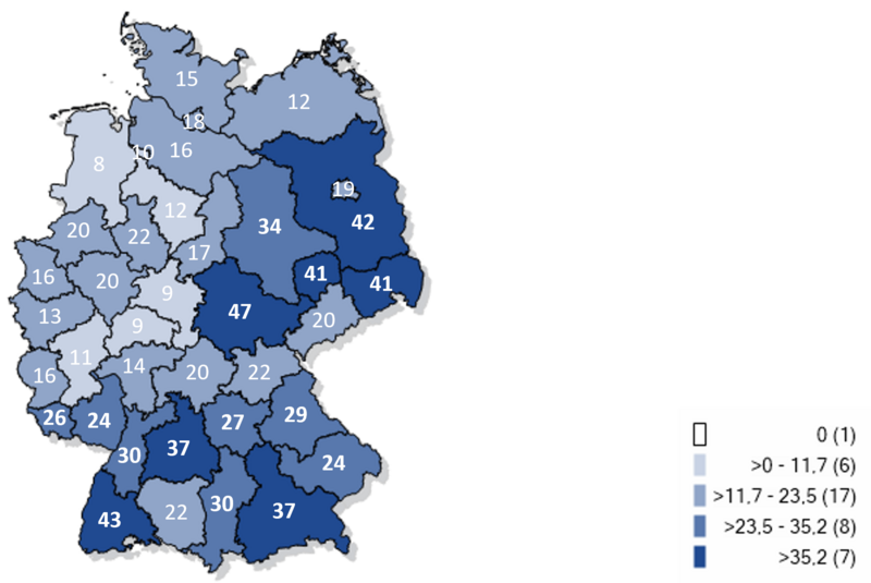 Kartographische Darstellung bereits gemeldeter Fälle an Keuchhustenerkrankungen pro 100.000 Einwohnern in Deutschland 2024