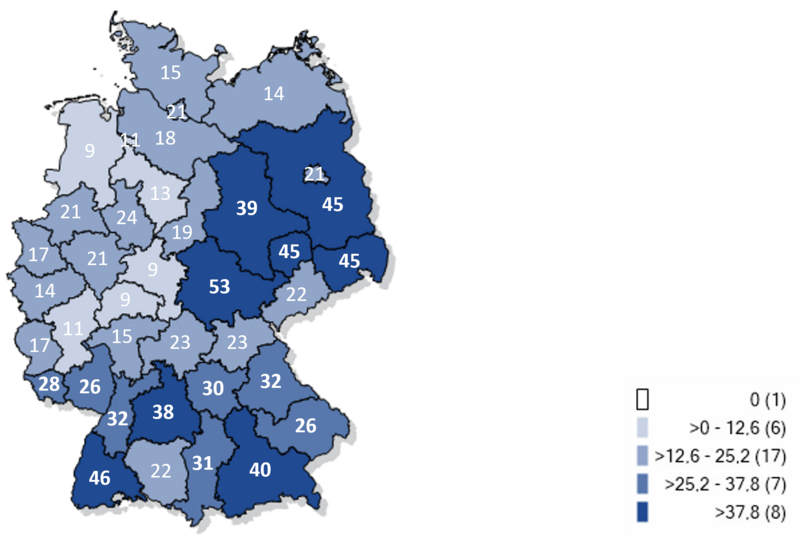 Kartographische Darstellung bereits gemeldeter Fälle an Keuchhustenerkrankungen pro 100.000 Einwohnern in Deutschland 2024